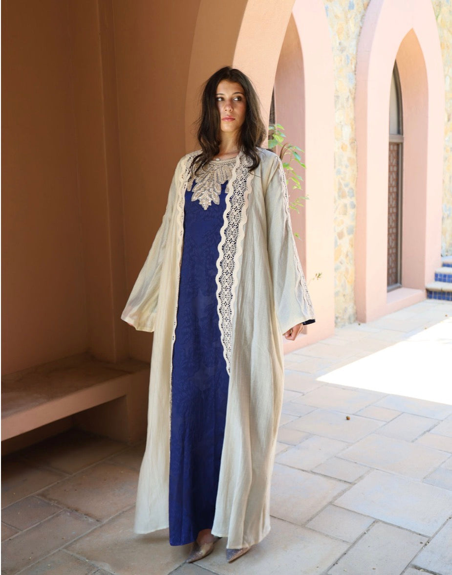 Beige Throw Over Abaya with Lace Detail – laroswimwear