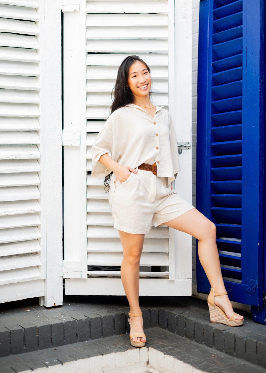 Beige Top and Shorts with Belt Set