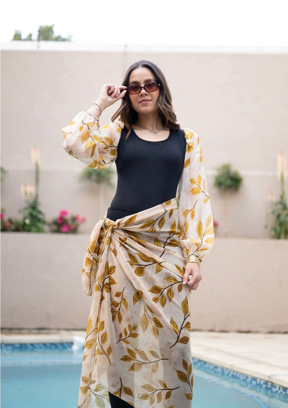 Golden Leaf Bubble Sleeve Bodysuit (Incl. Sarong)
