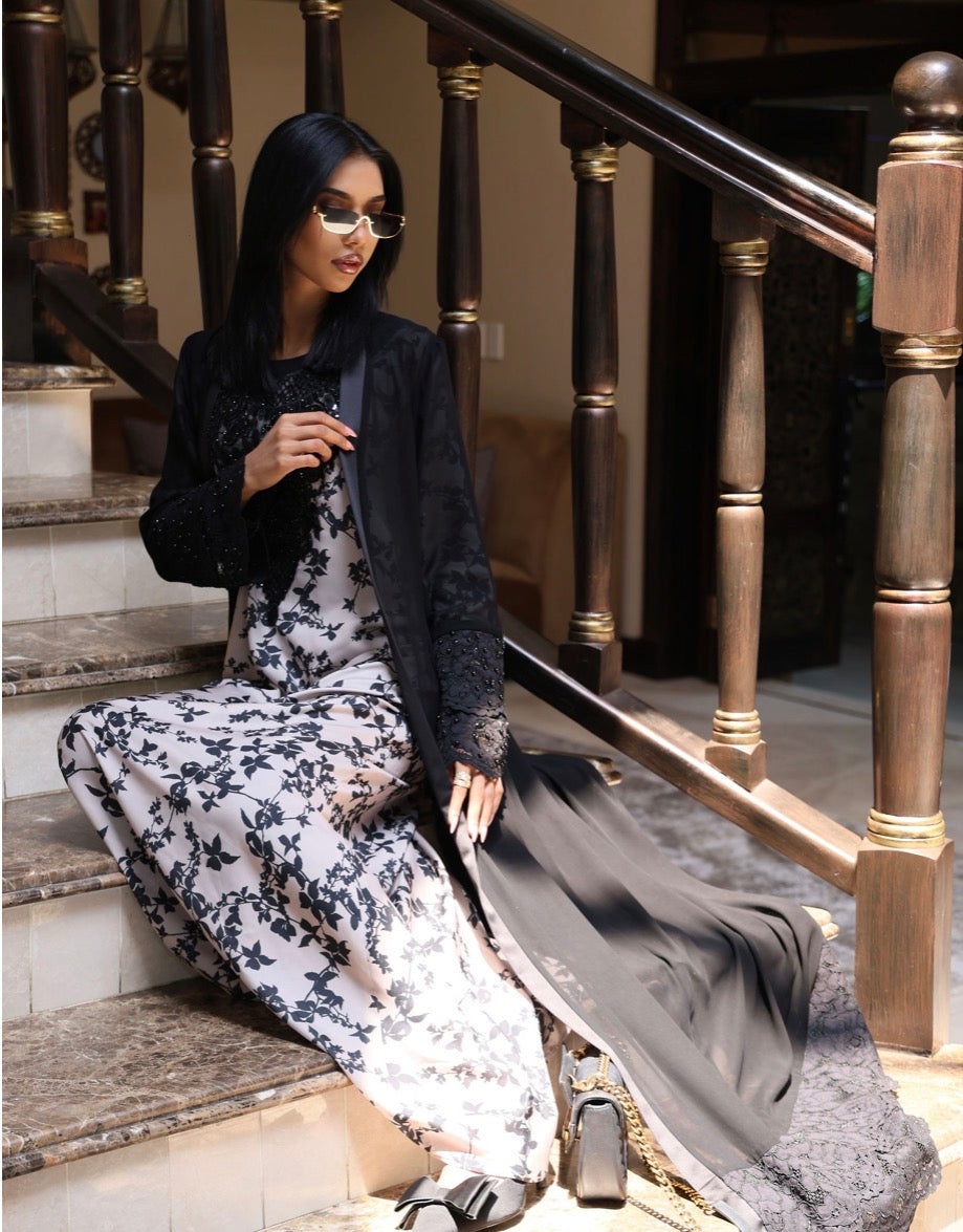 Beige and Black with Beaded Sleeves Mukhawar