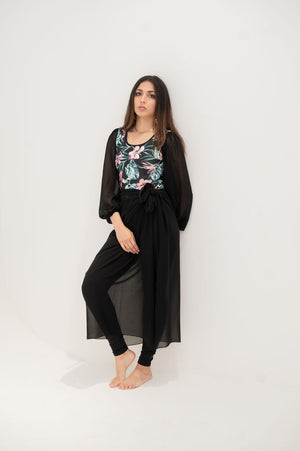 Dark floral bubble sleeve bodysuit with sarong