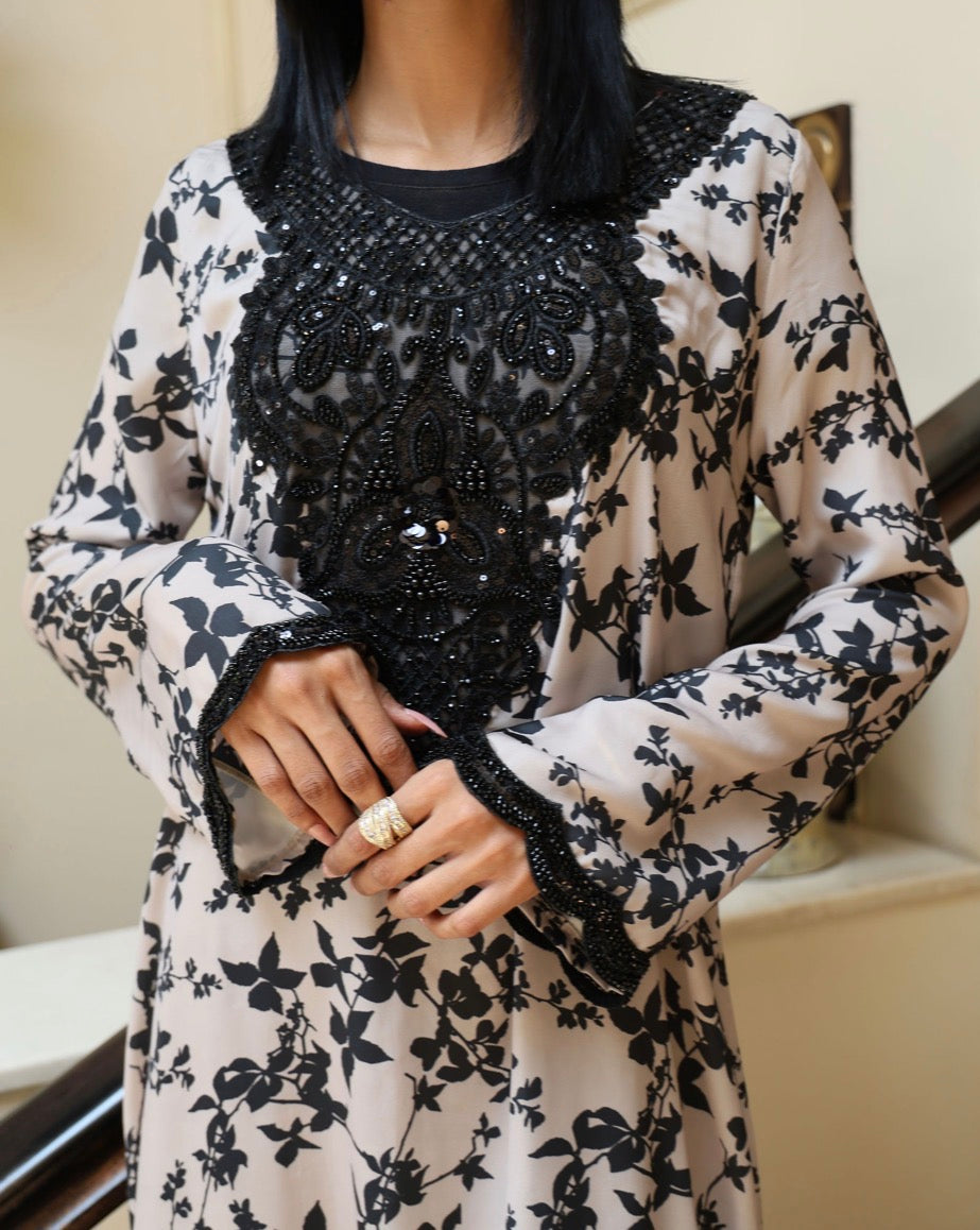 Beige and Black with Beaded Sleeves Mukhawar