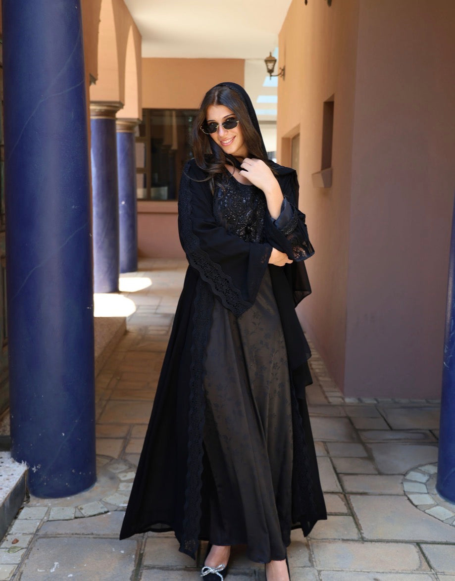 Black Throw Over Abaya with Lace Detail