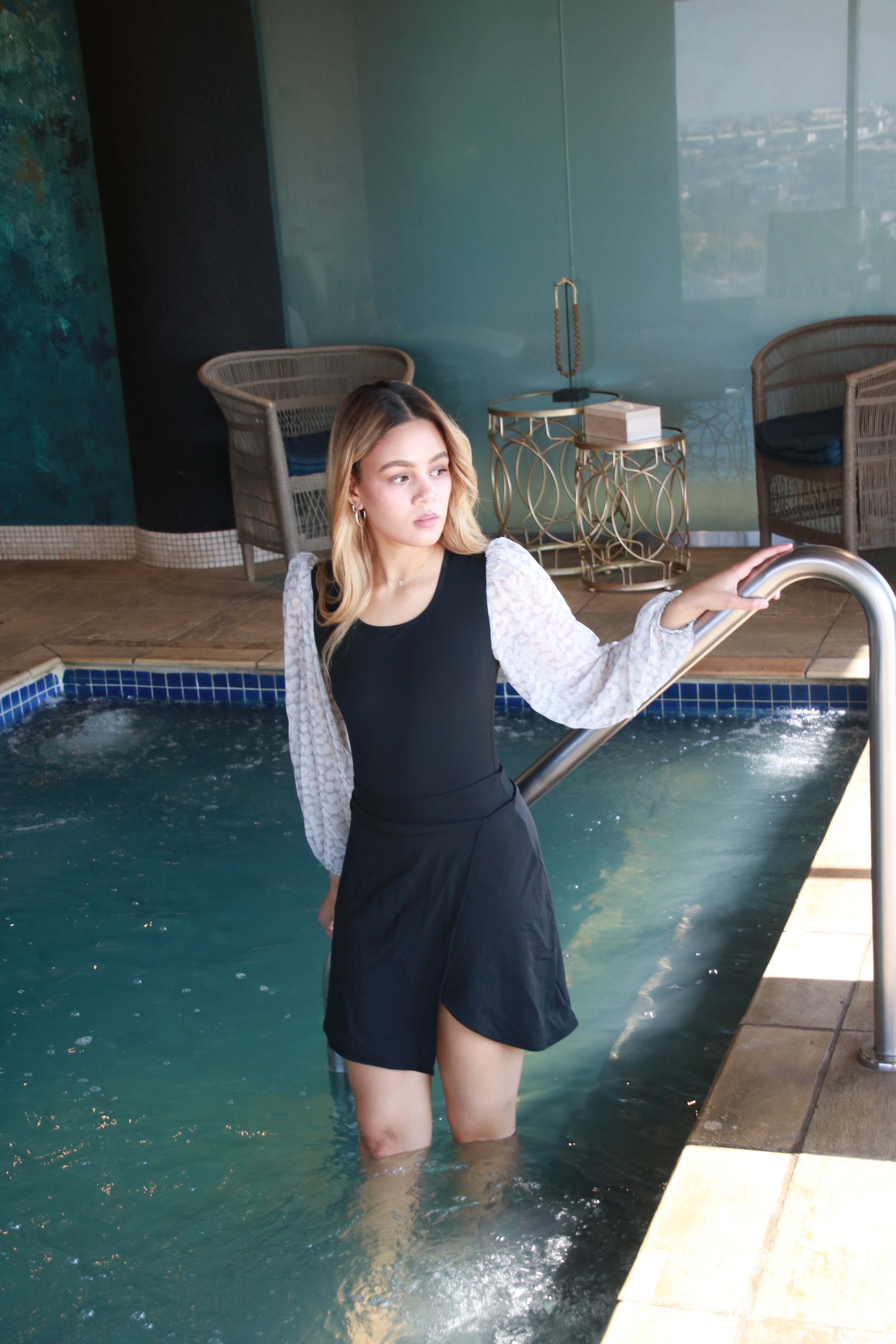 Grey and Black Bubble sleeve Bodysuit with Sarong