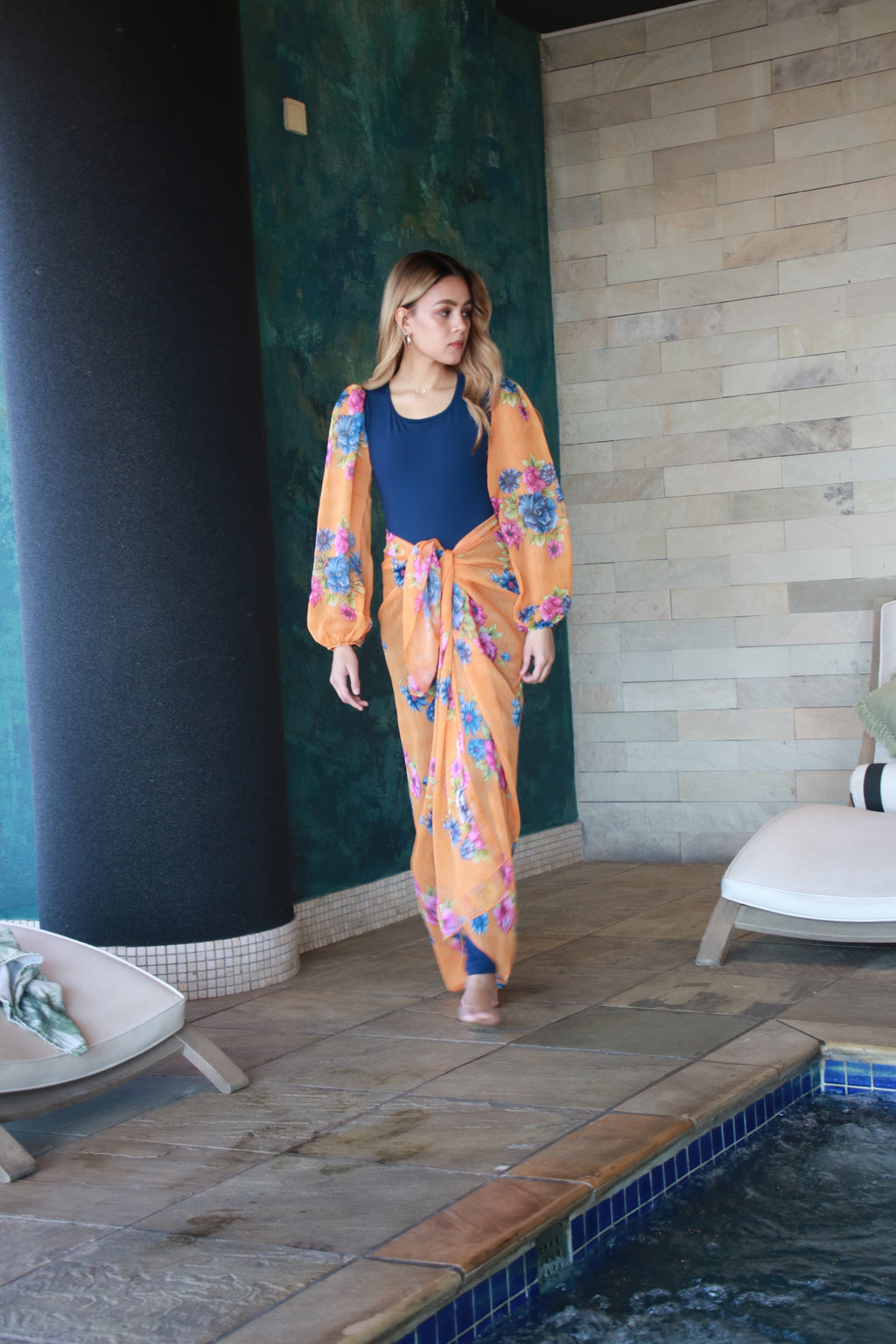 Orange and Navy Bubble Sleeve Bodysuit with Sarong