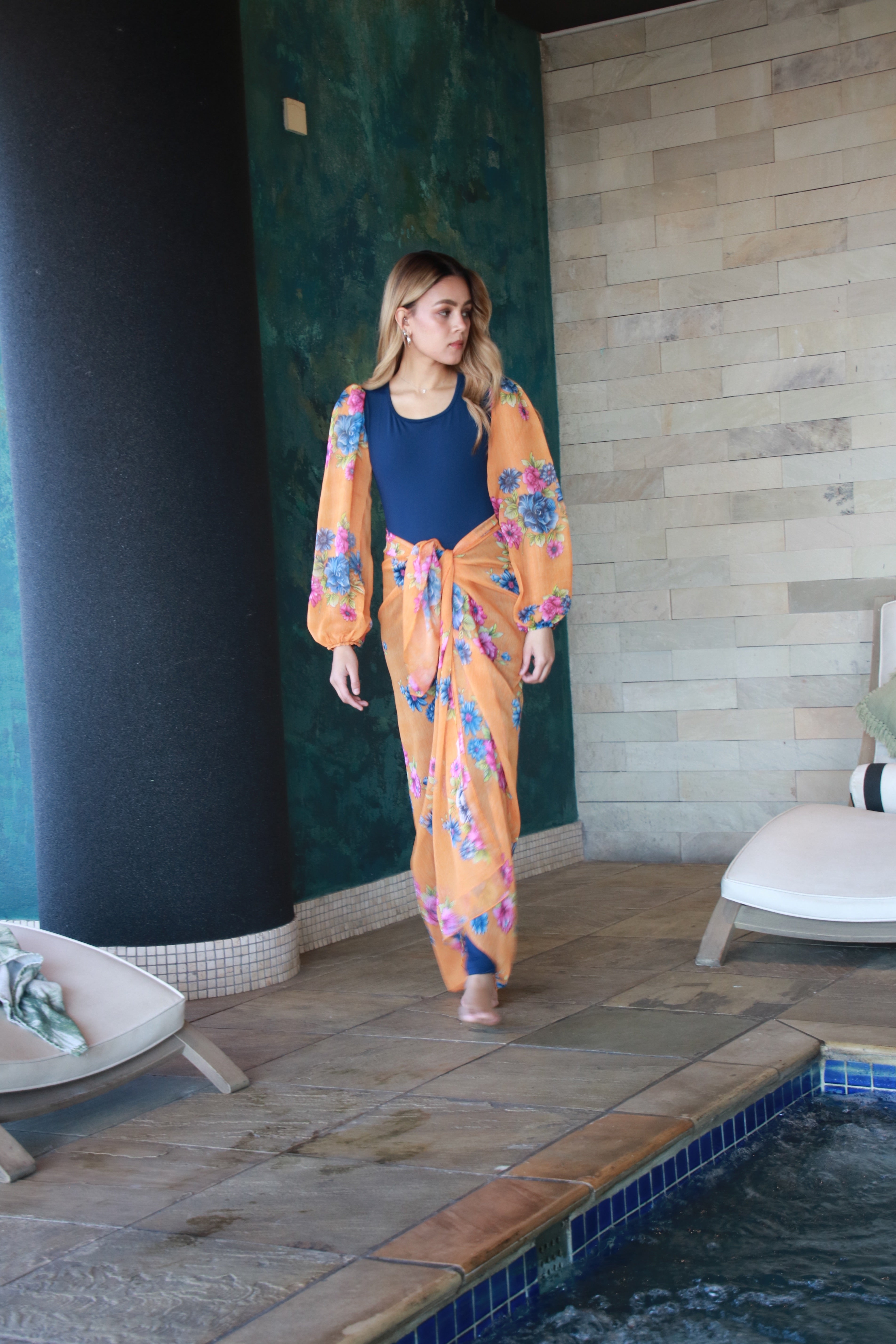 Orange and Navy Bubble Sleeve Bodysuit with Sarong