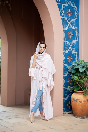 Frill abaya with bell sleeves, pink