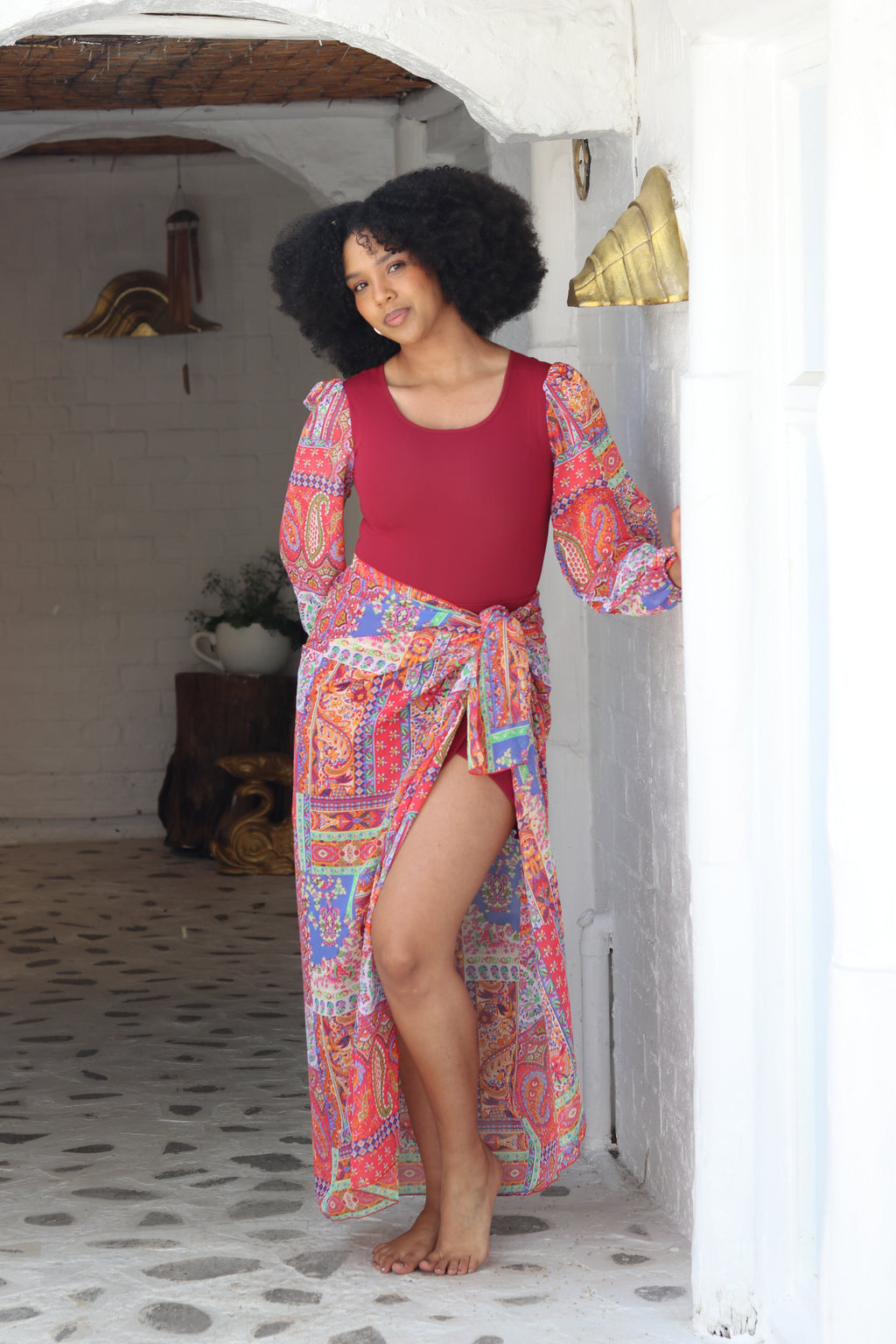Maroon Bubble sleeve bodysuit and sarong