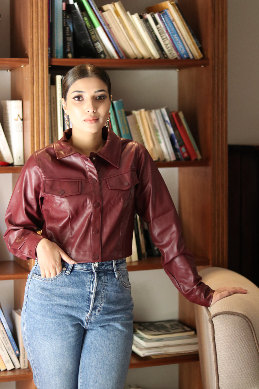 Short leather jacket burgundy