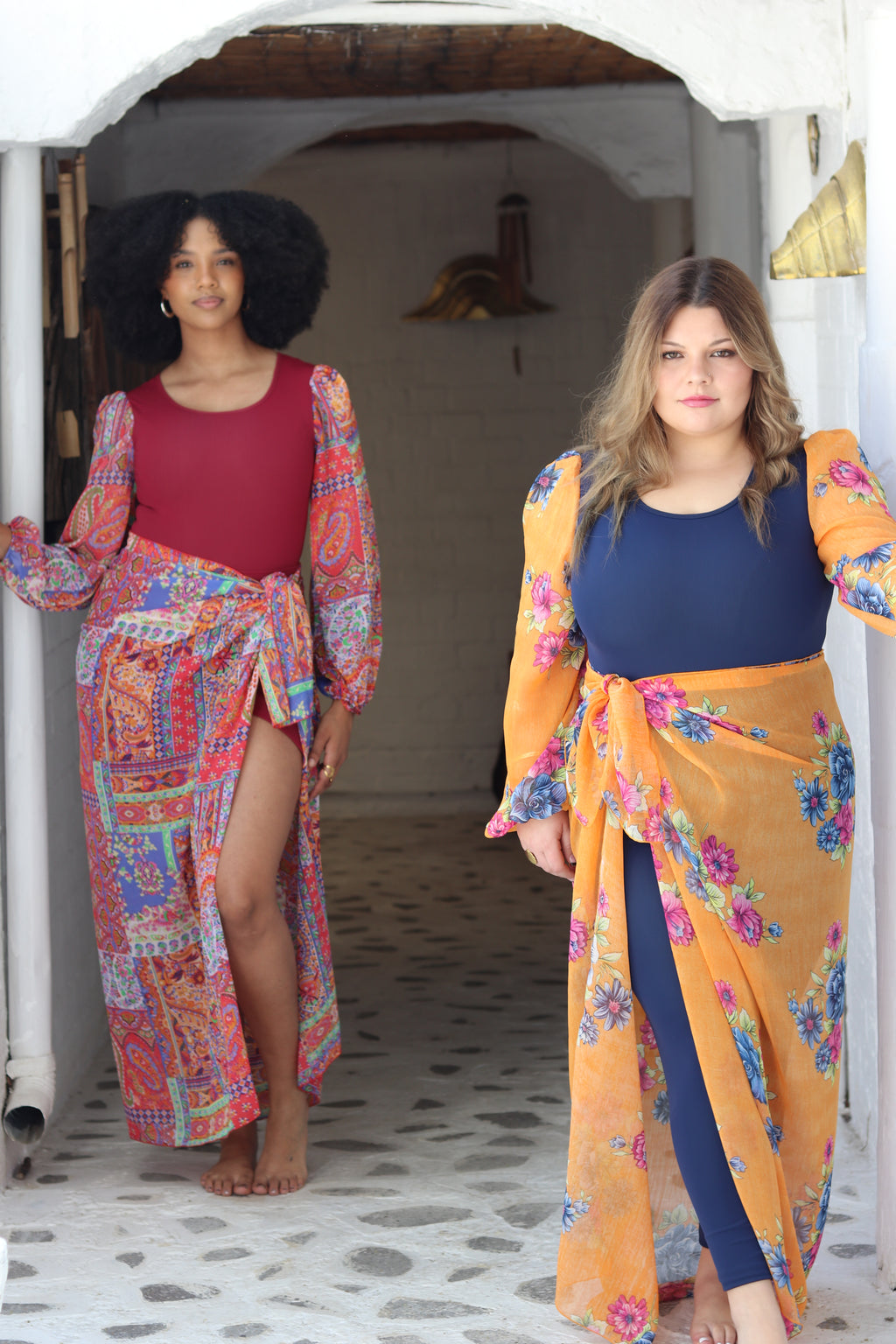 Maroon Bubble sleeve bodysuit and sarong