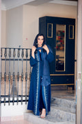 Blue abaya with pearl and organza detailing