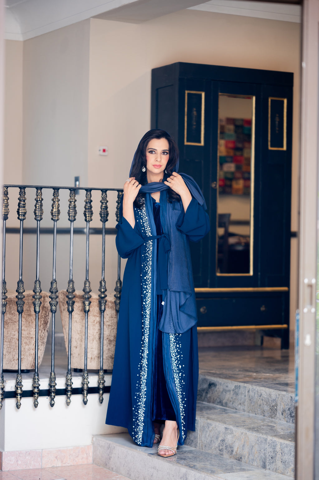 Blue abaya with pearl and organza detailing