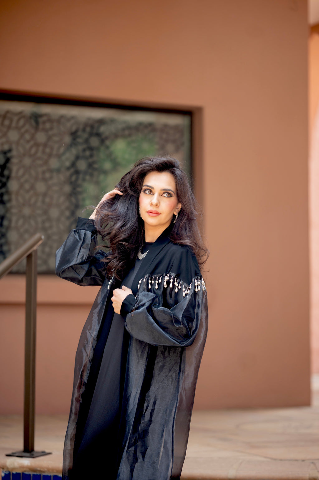 Pearl drop bead abaya with organza