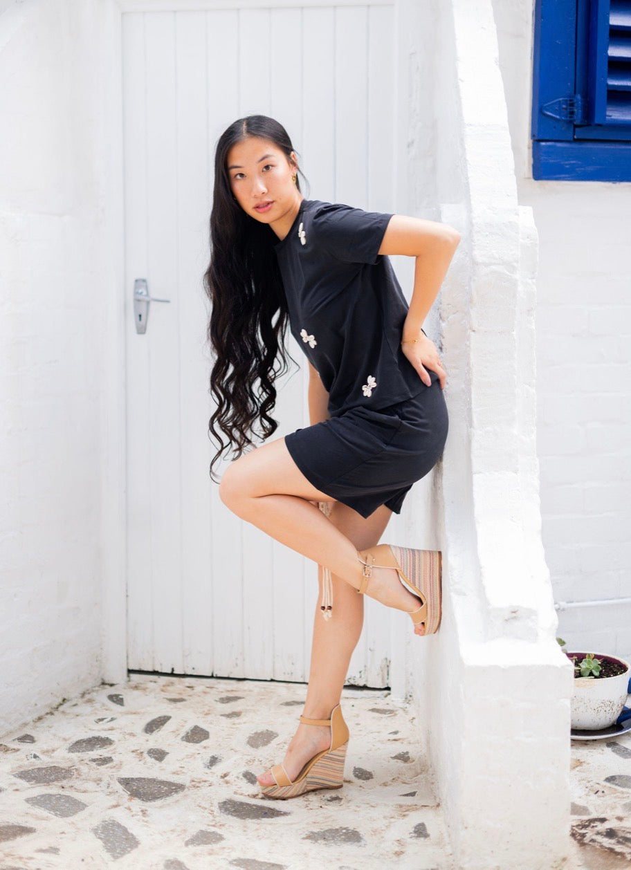 Black Shell Detailed Top and Short Set