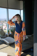 Orange and Navy Bubble Sleeve Bodysuit with Sarong