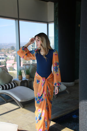 Orange and Navy Bubble Sleeve Bodysuit with Sarong