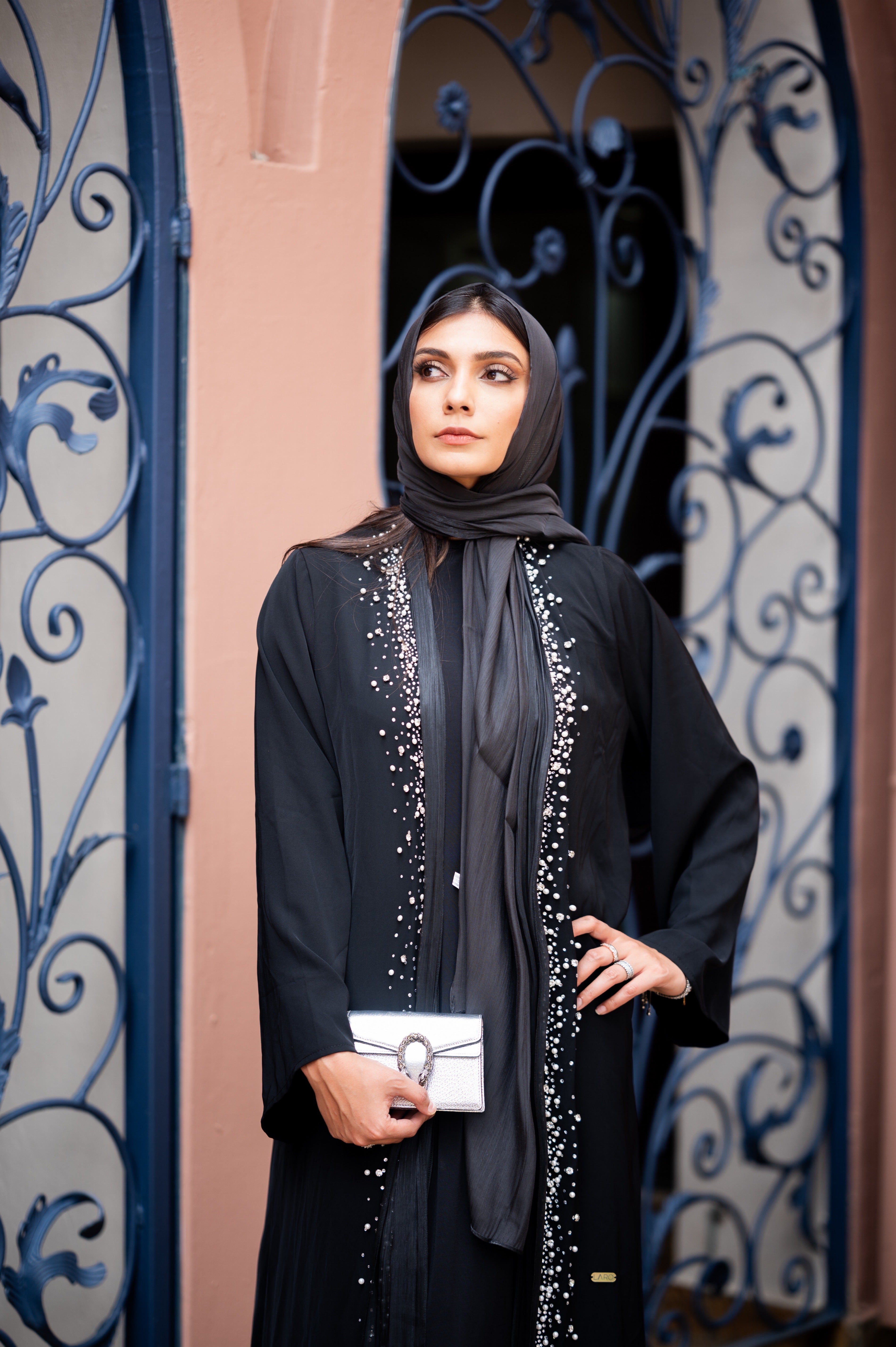 Black abaya with pearl and organza detailing