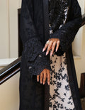 Black Satin Chiffon Abaya with Beaded Lace Sleeve Detail