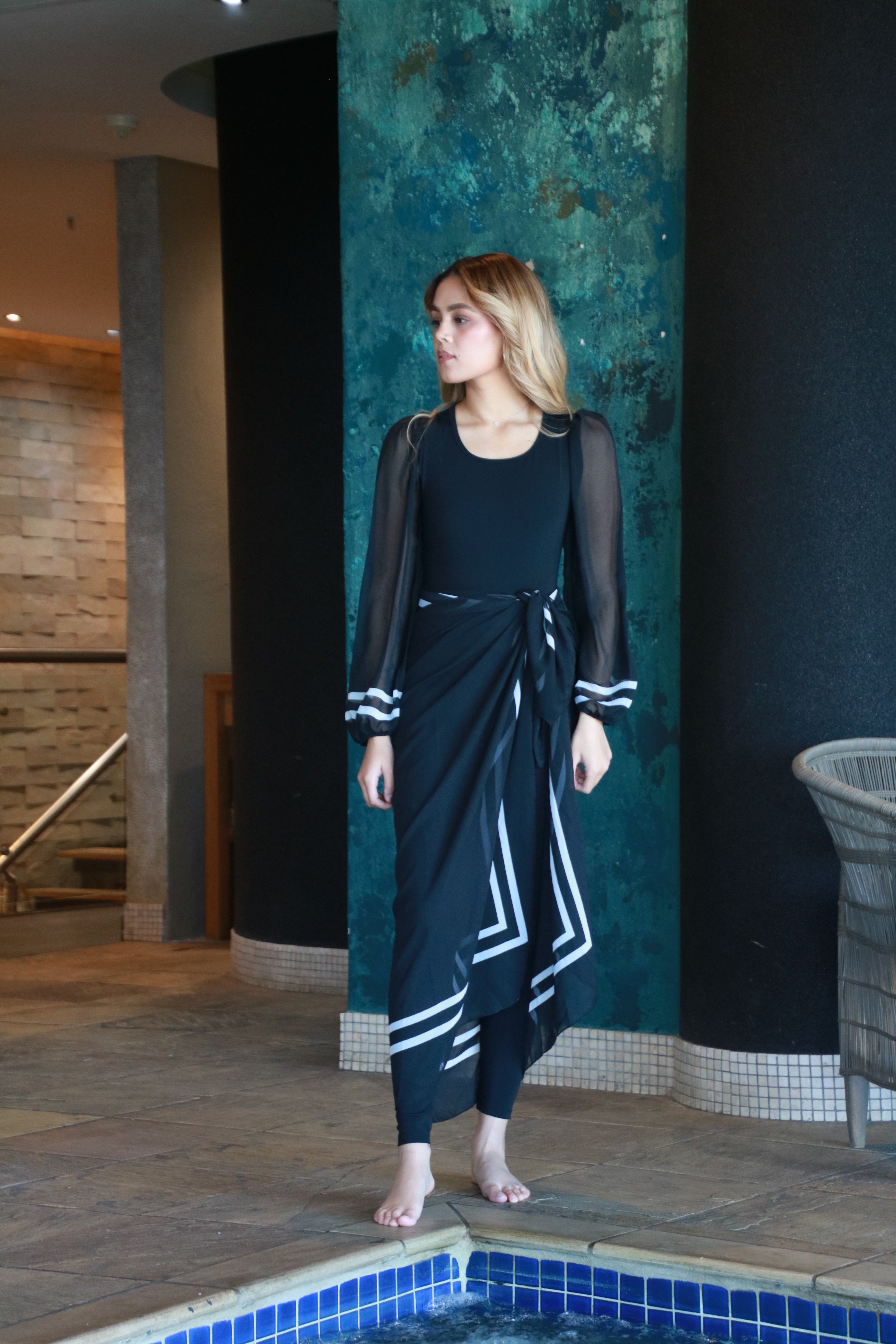 Black Bubble Sleeve Bodysuit with sarong