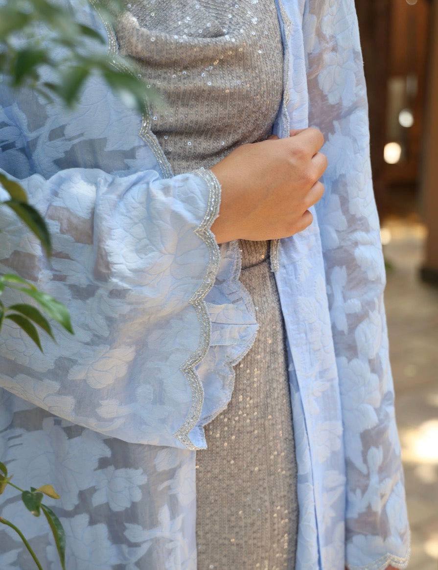 Blue Embossed Organza Abaya