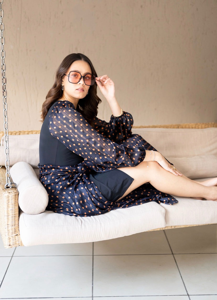 Caramel Polka Dot Bubble Sleeve Bodysuit (Incl. Sarong)