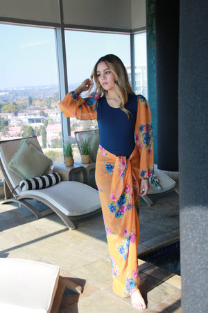 Orange and Navy Bubble Sleeve Bodysuit with Sarong