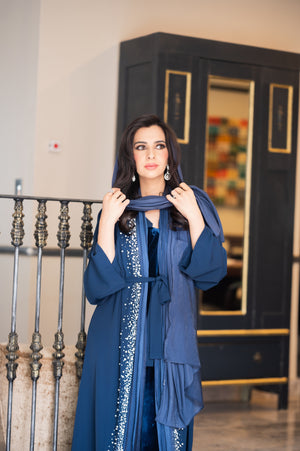 Blue abaya with pearl and organza detailing