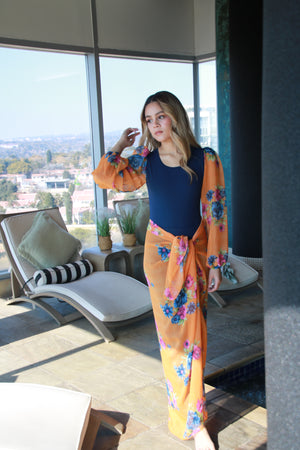 Orange and Navy Bubble Sleeve Bodysuit with Sarong