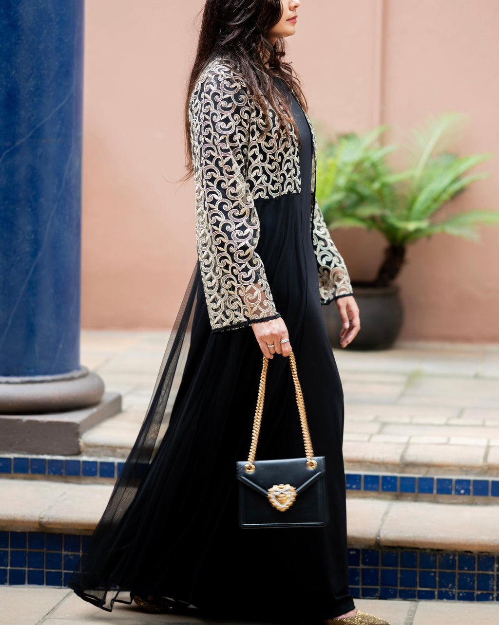 Gold Swirl Abaya with sheer net bottom