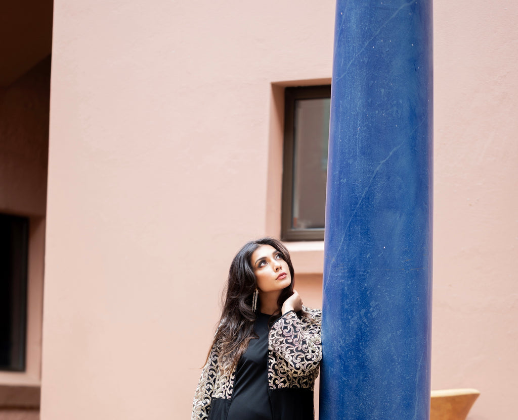 Gold Swirl Abaya with sheer net bottom