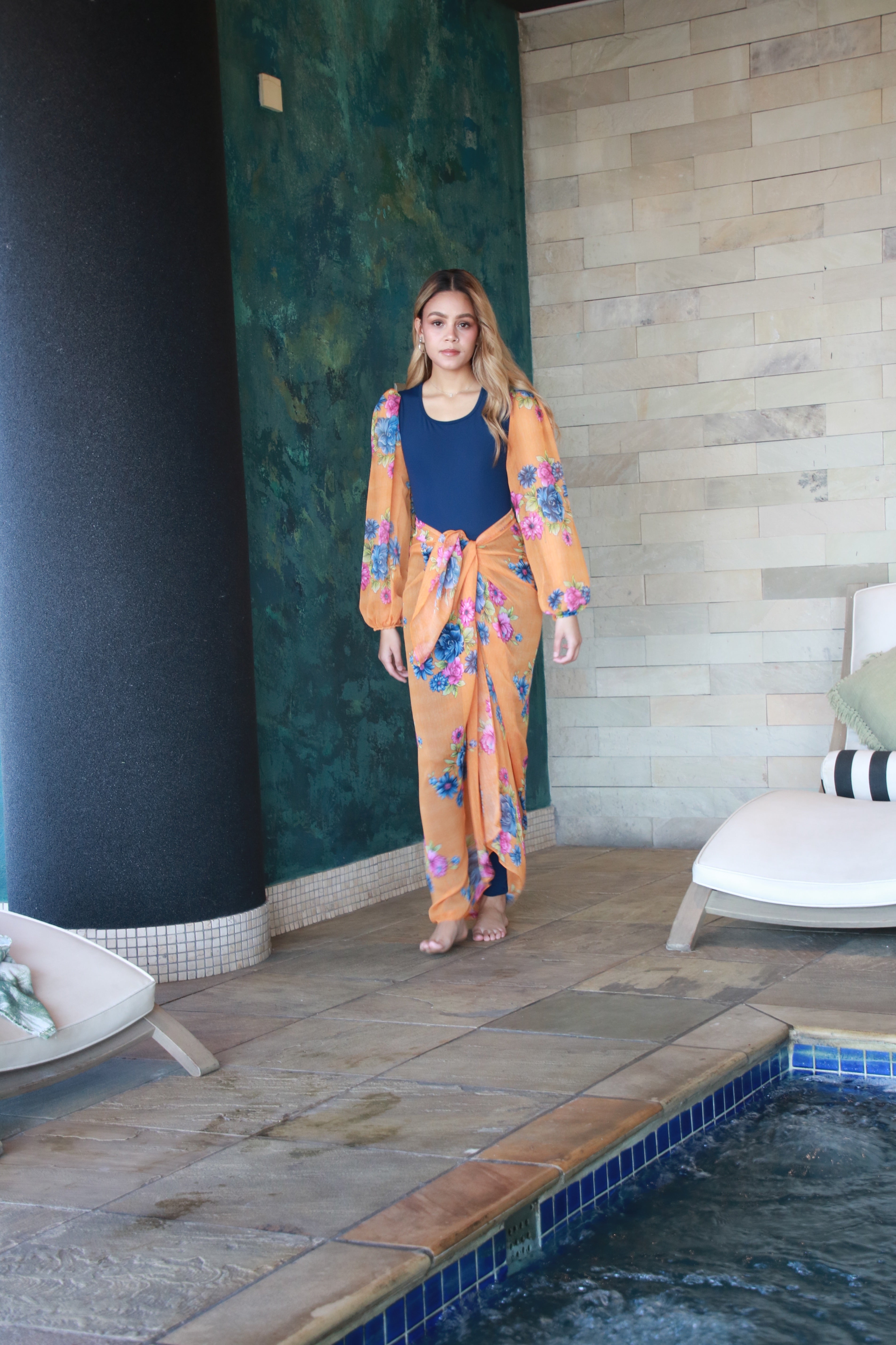 Orange and Navy Bubble Sleeve Bodysuit with Sarong