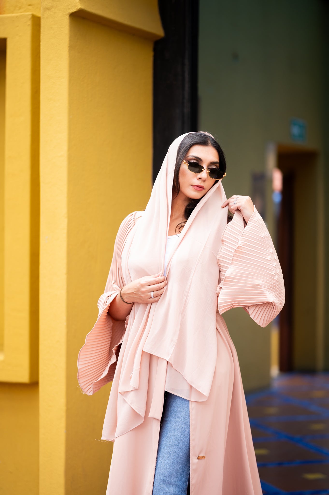 Pleated sleeve abaya, peach tone
