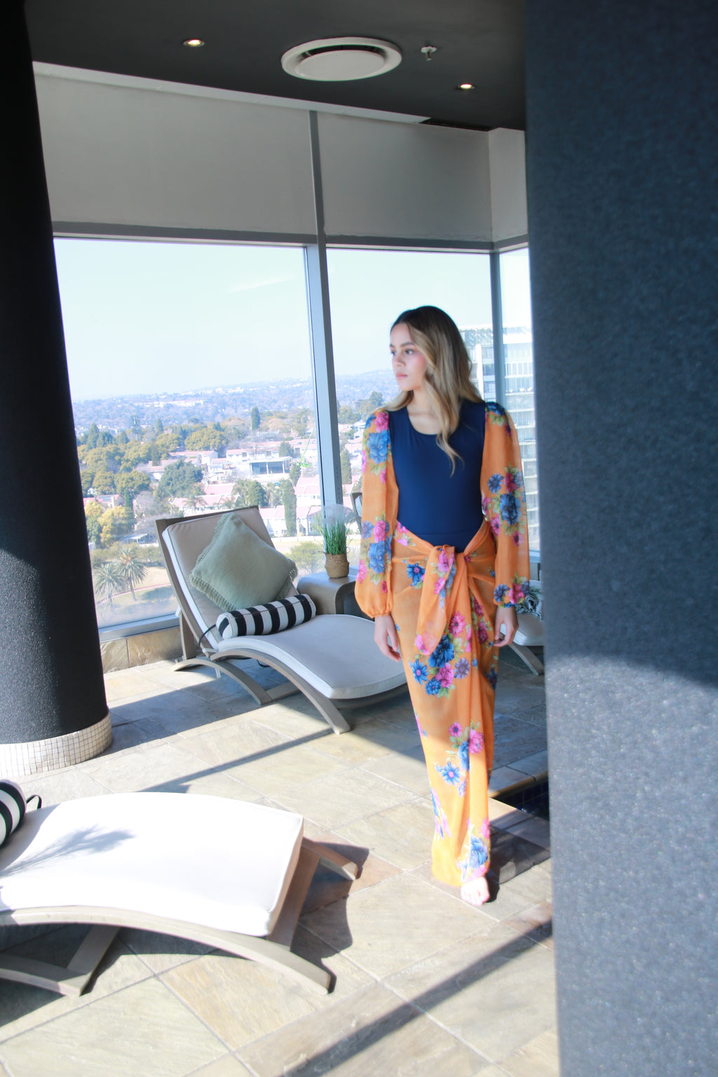 Orange and Navy Bubble Sleeve Bodysuit with Sarong