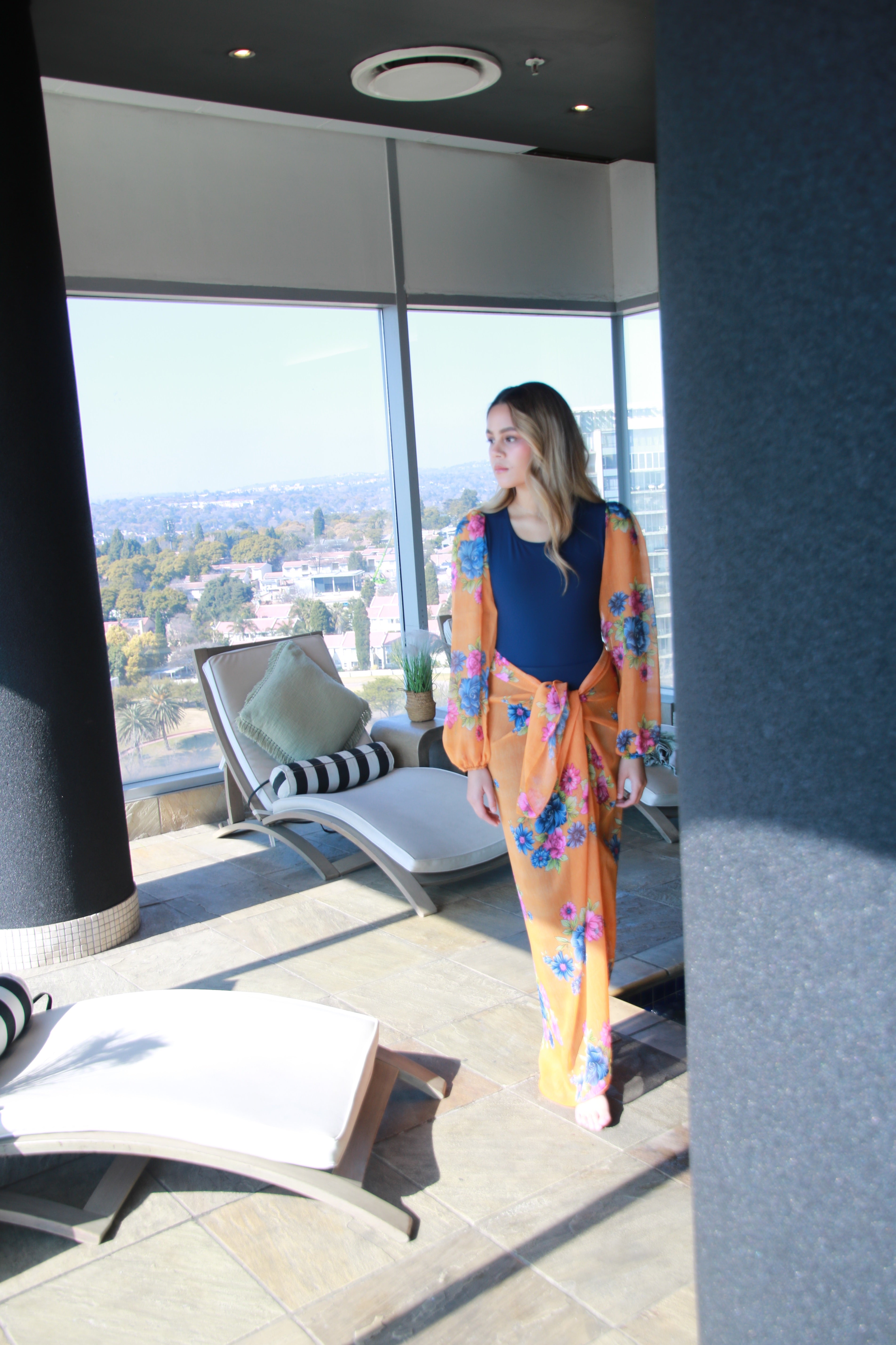 Orange and Navy Bubble Sleeve Bodysuit with Sarong