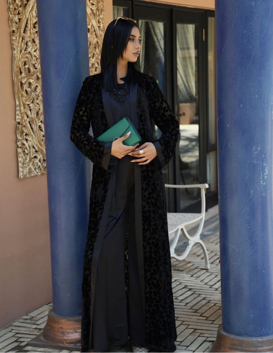 Black Velvet Embossed Abaya with satin beaded top and pants set