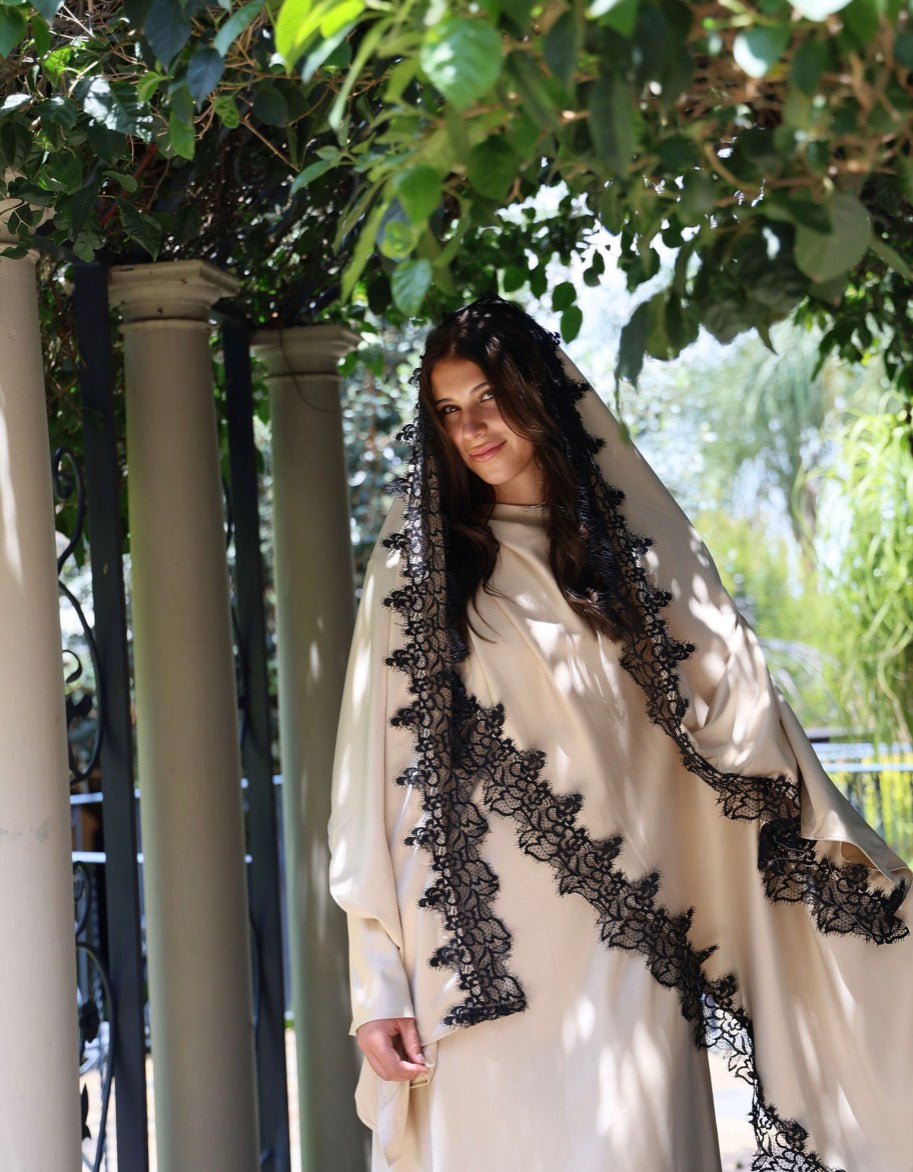 Beige with Black Detailed Lace