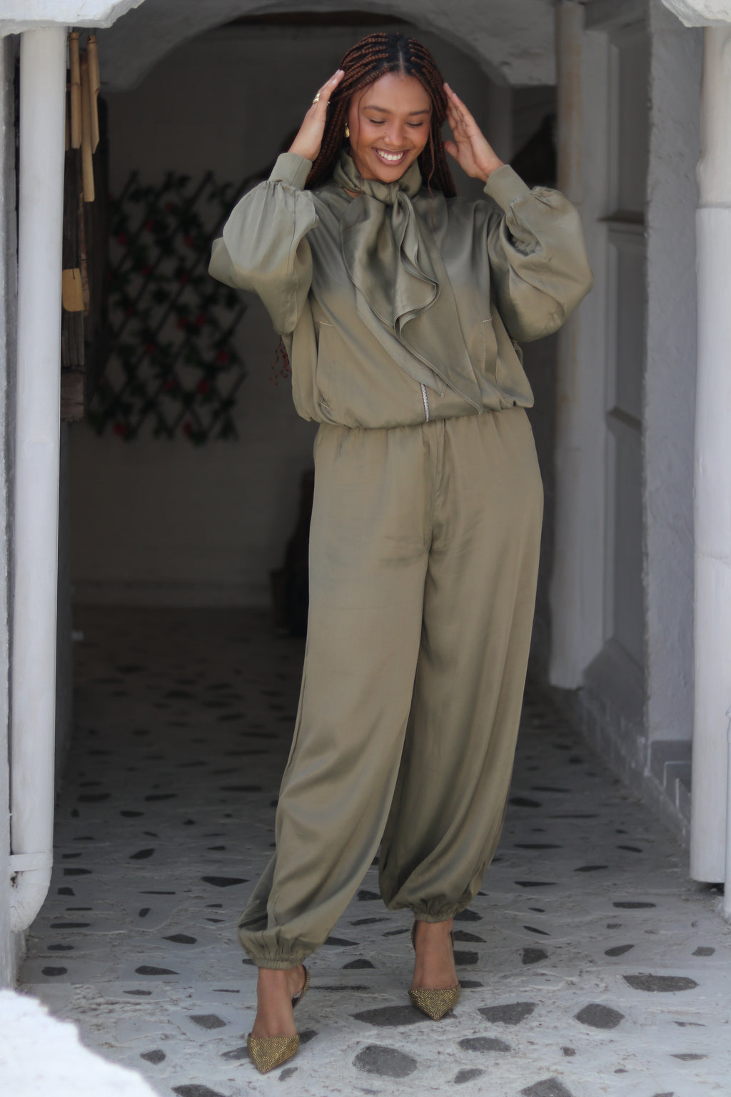 Satin Green Neck-Tie Co Ord