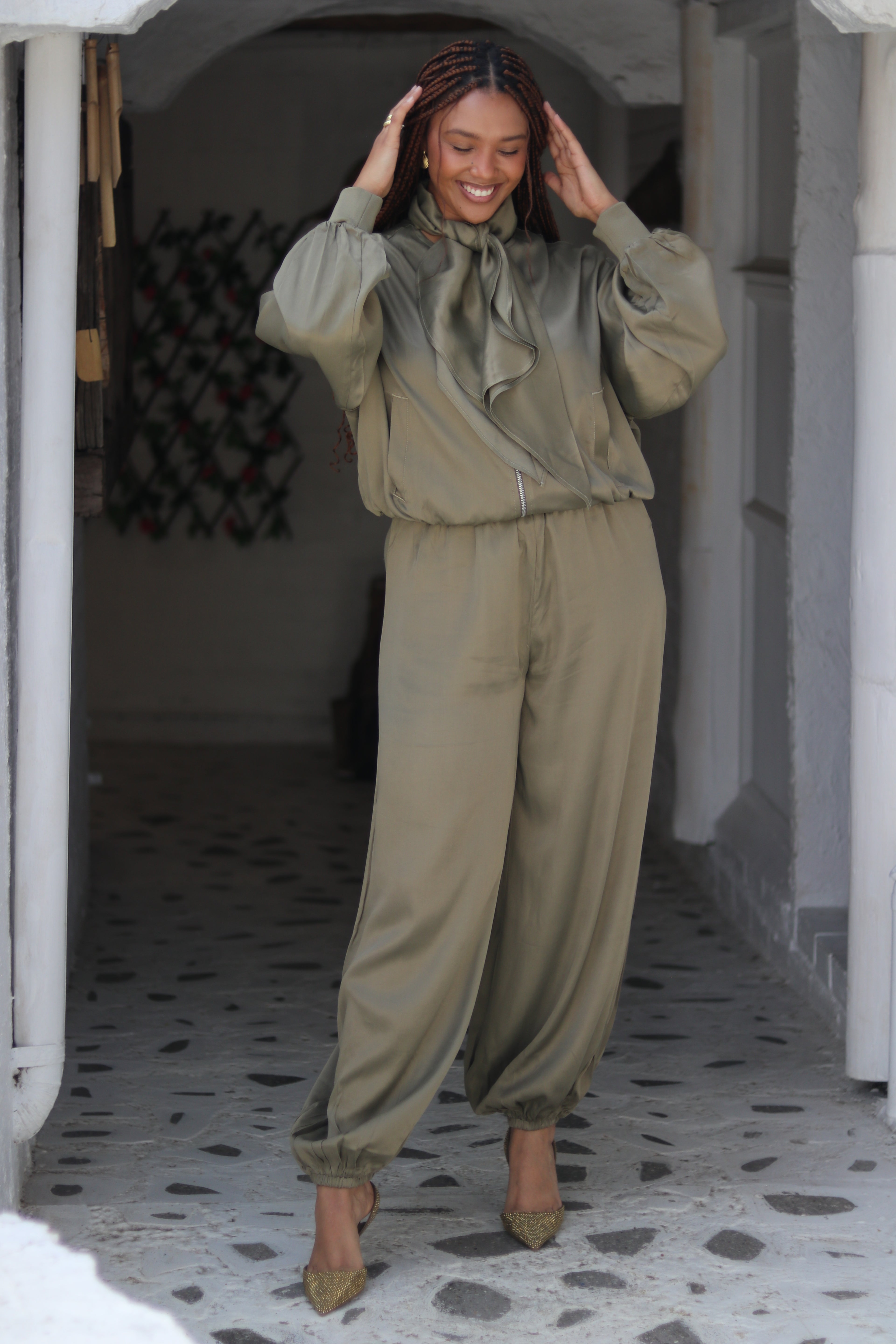 Satin Green Neck-Tie Co Ord
