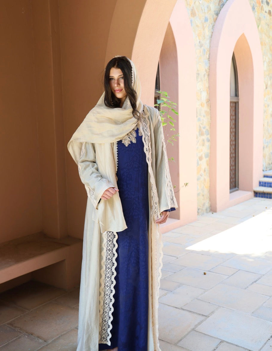 Beige Throw Over Abaya with Lace Detail