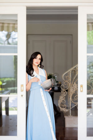 Blue Dress with Gold Button Detailing