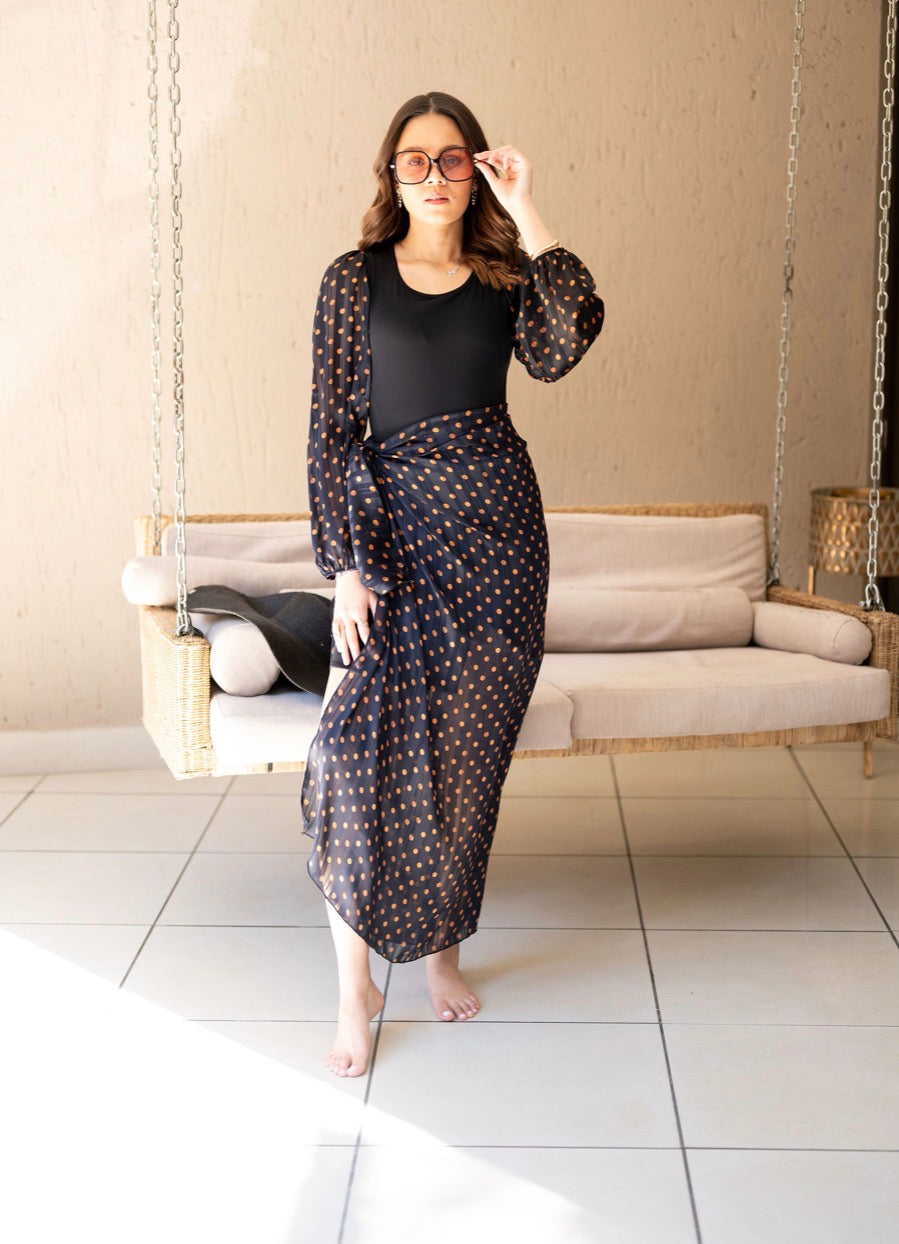 Caramel Polka Dot Bubble Sleeve Bodysuit (Incl. Sarong)