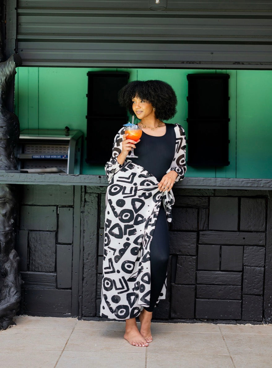 Graffiti Long Bubble Sleeve Bodysuit with Sarong