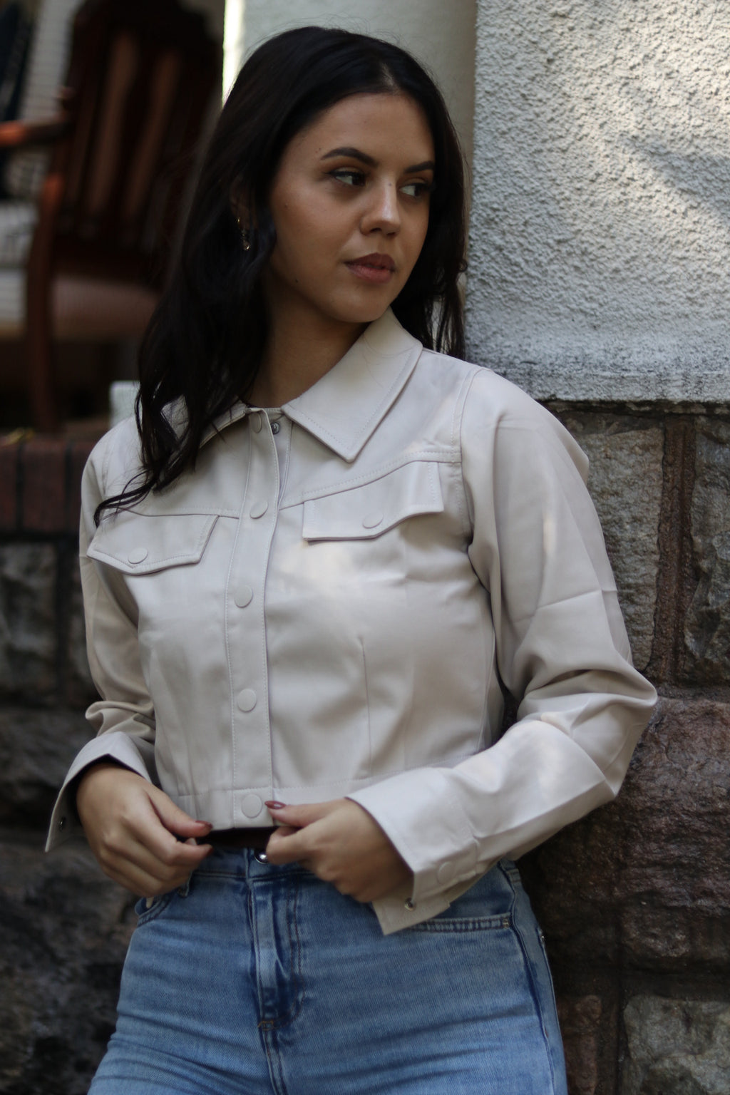 Short leather jacket Light Taupe