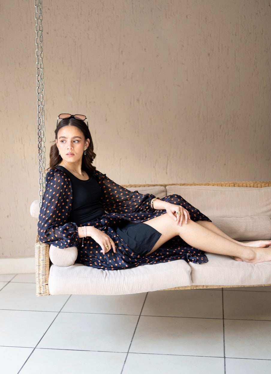 Caramel Polka Dot Bubble Sleeve Bodysuit (Incl. Sarong)