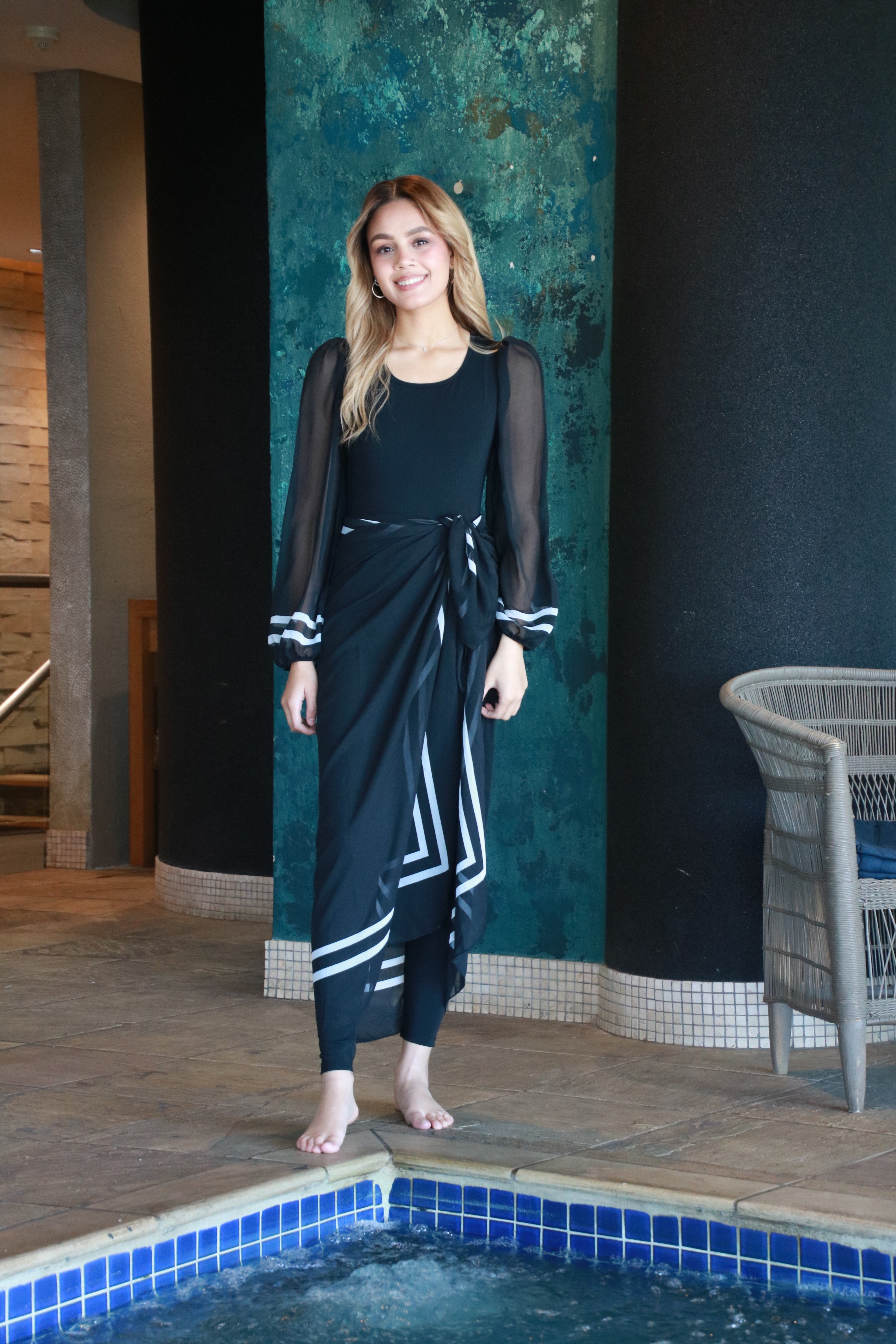 Black Bubble Sleeve Bodysuit with sarong