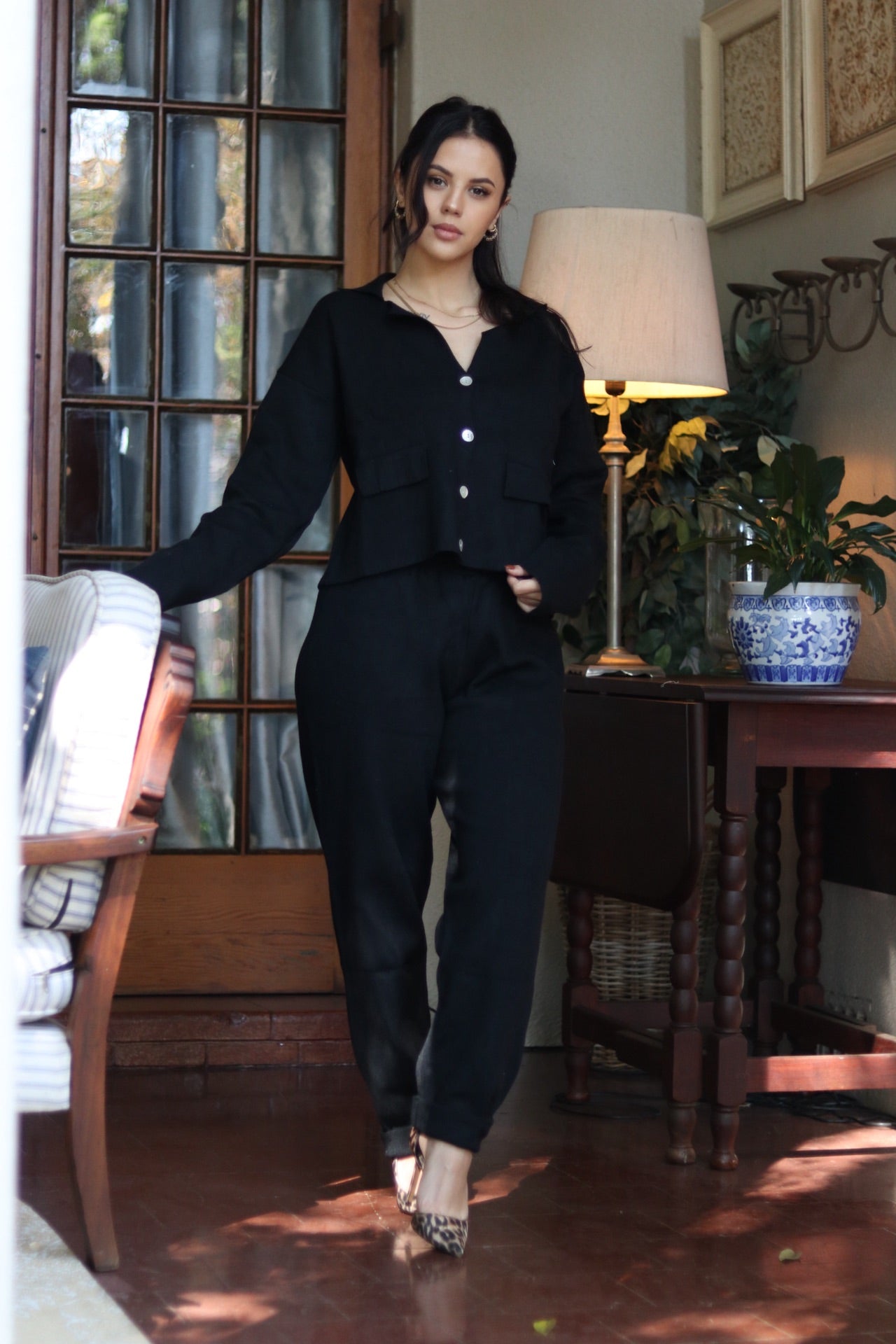 Knit Co Ord with shell button detailing black