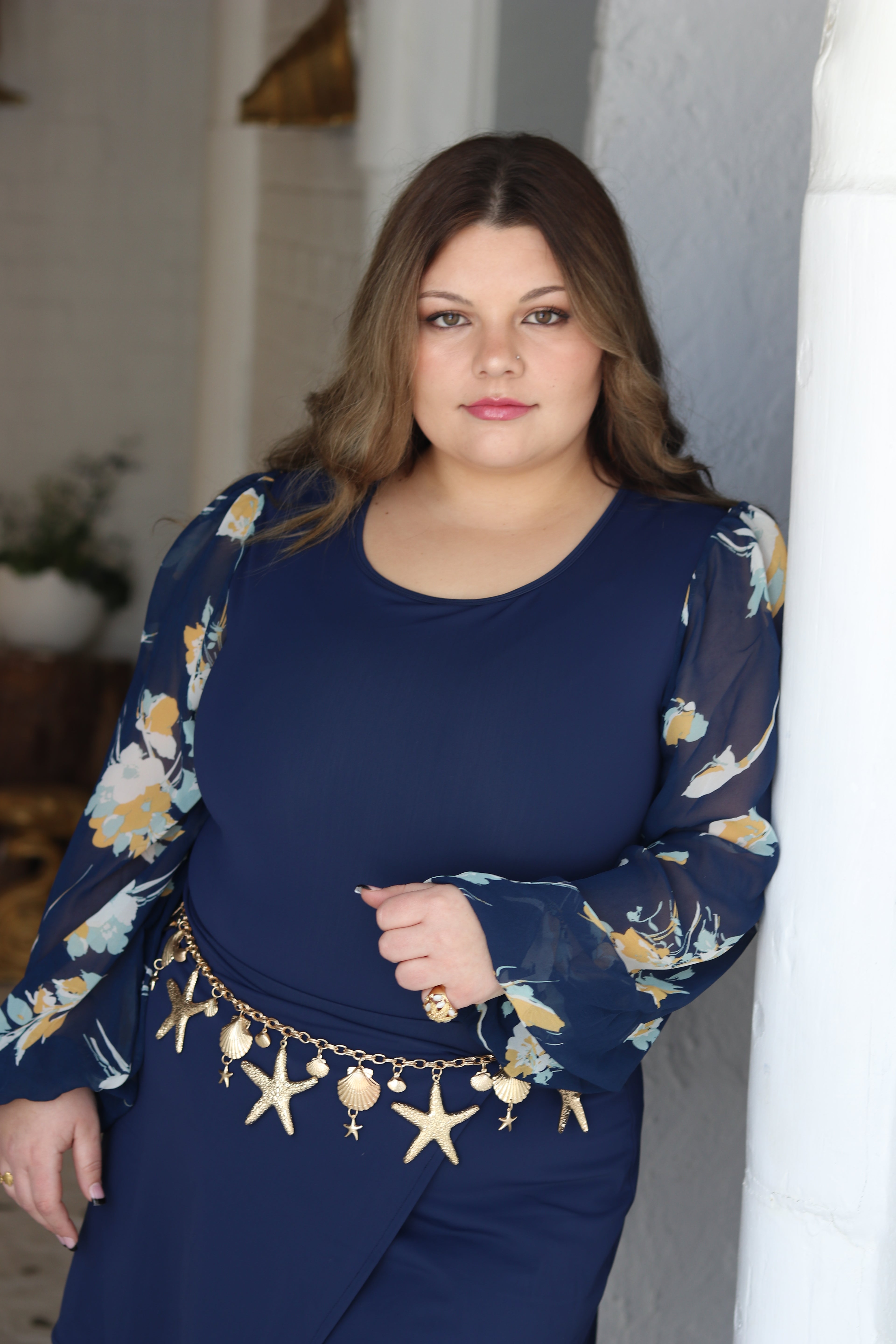 Navy and Floral Bubble sleeve bodysuit and sarong