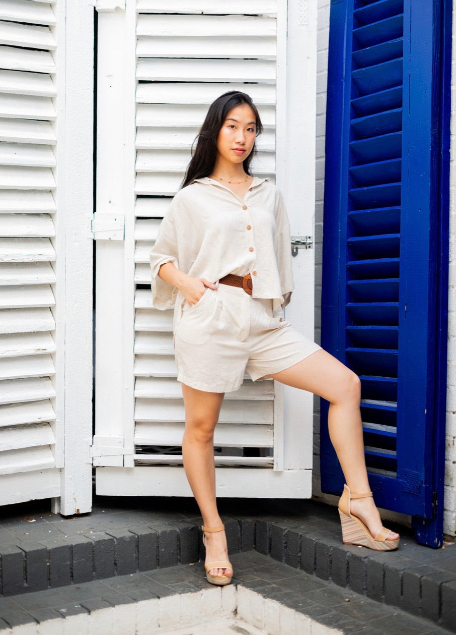 Beige Top and Shorts with Belt Set