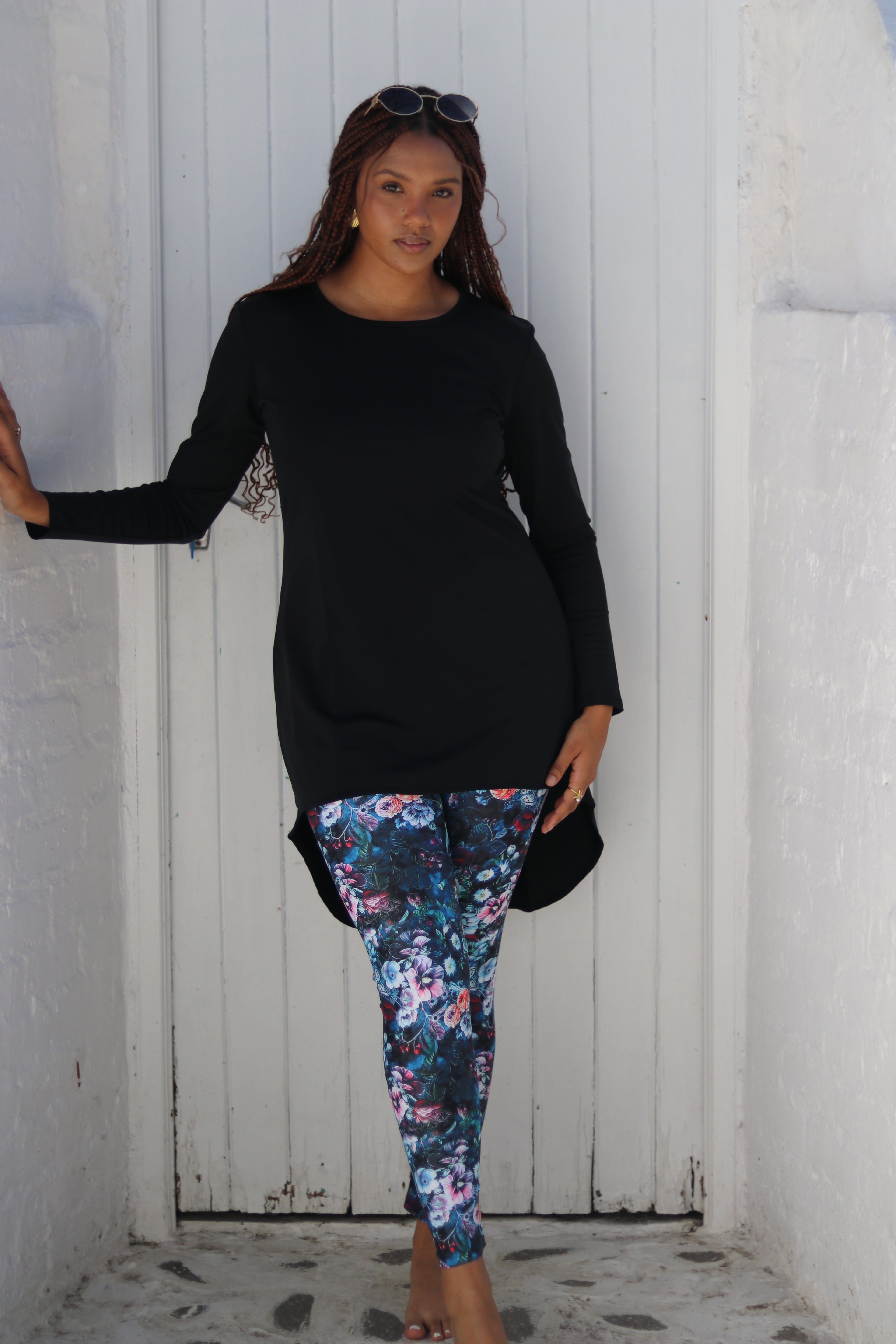 Black High-Low with Blue Floral Leggings