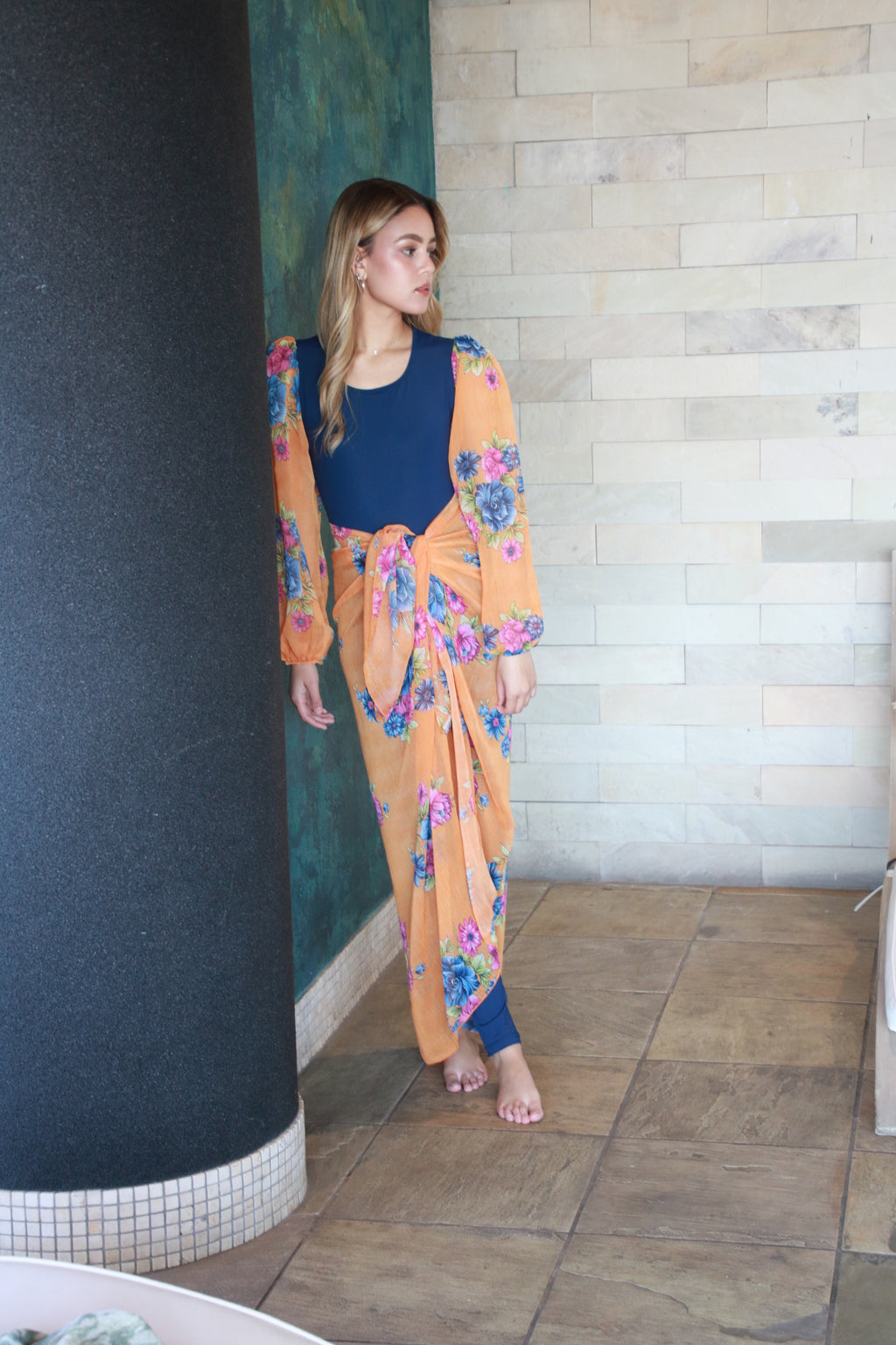 Orange and Navy Bubble Sleeve Bodysuit with Sarong